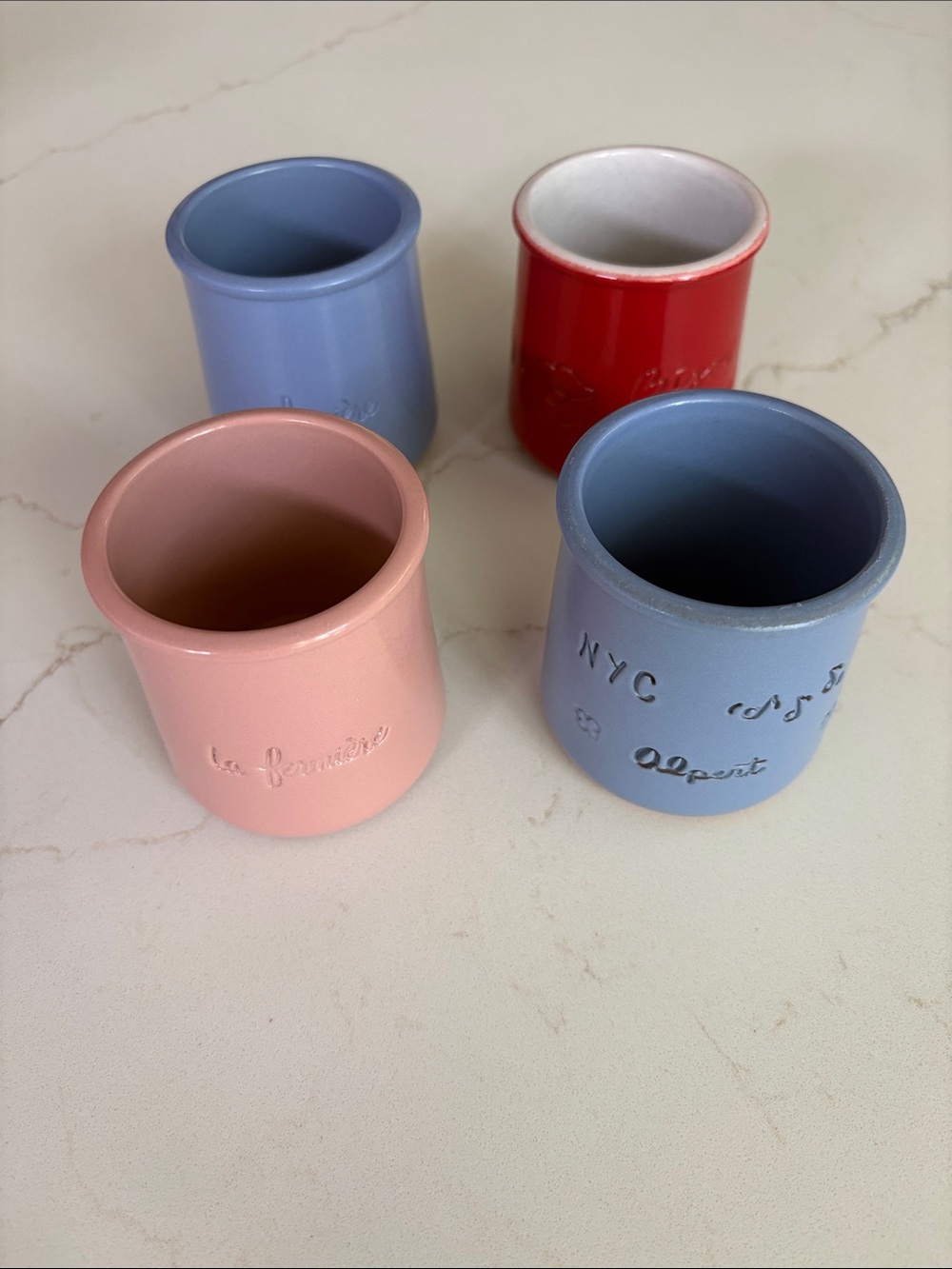 La Fermiere Set of 4 Ceramic Yogurt Pots in Pink, Periwinkle, Red & NYC Design
